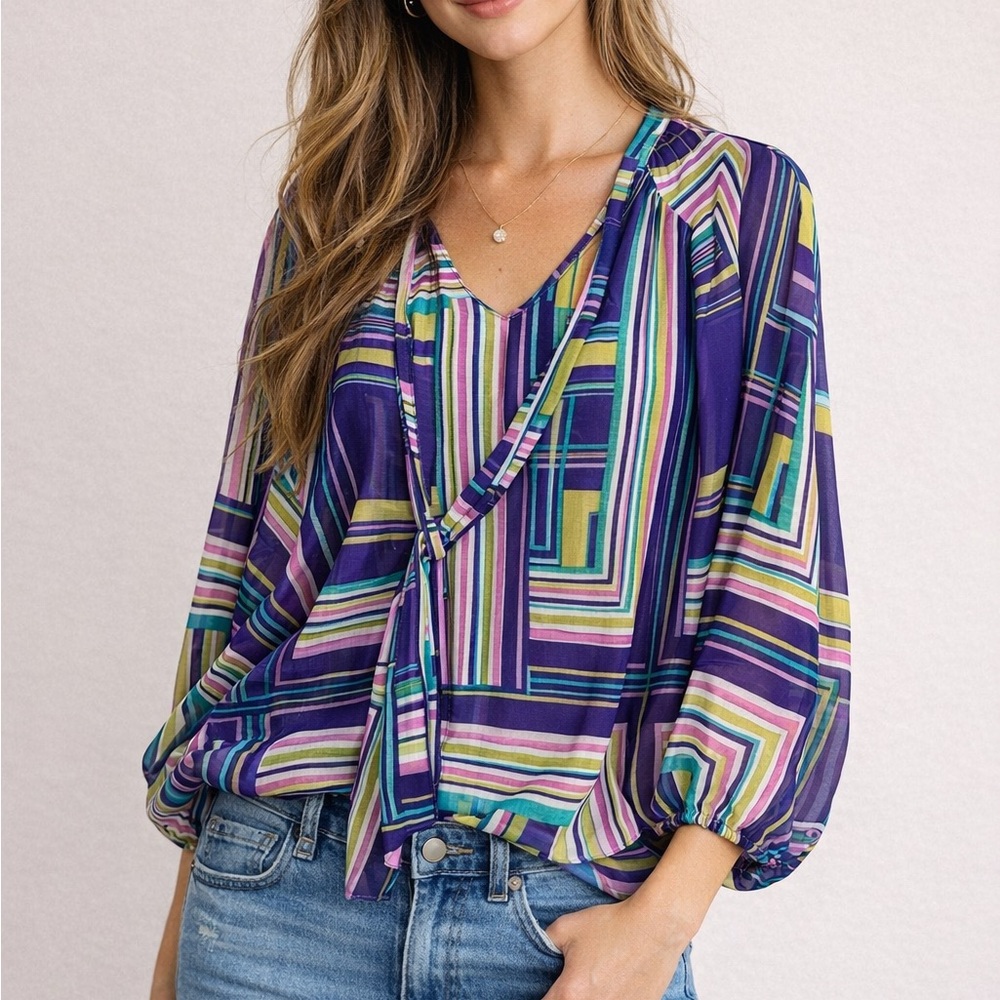 Oxford & Regent Multicolor Geometric Sheer Blouse Size Small Boho Peasant Top